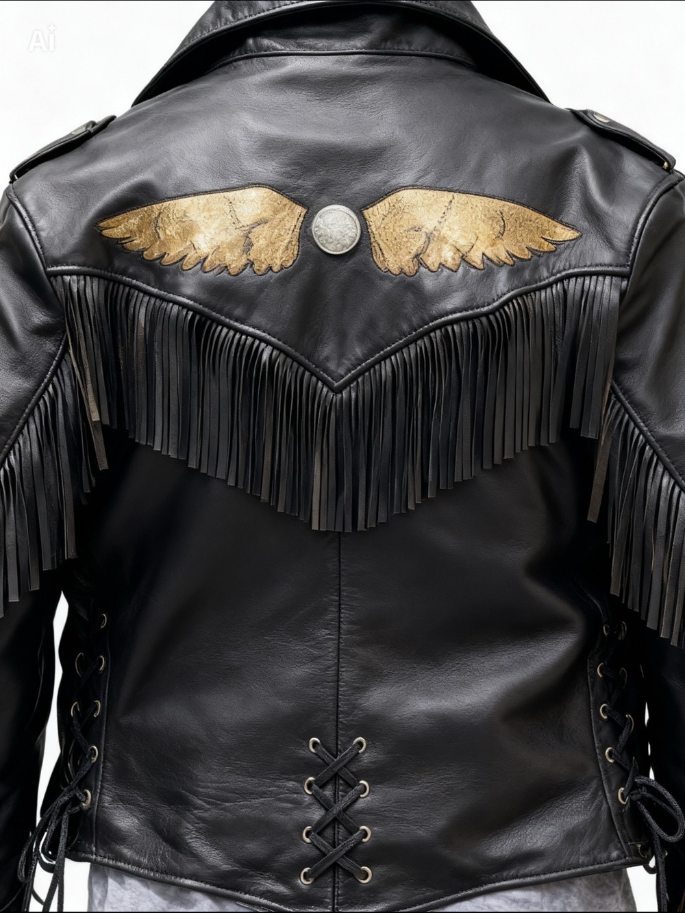 Vintage Interstate Leather Fringe Jacket 46 Large Heavy Eagle Wings Made in USA